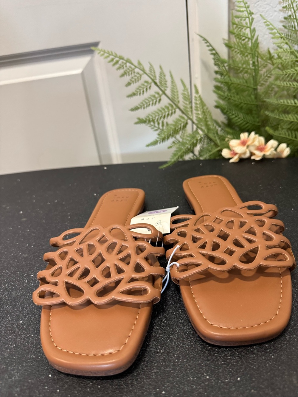 & Other Stories Tan Leather Slide Mules with Laser-Cut Knot Strap